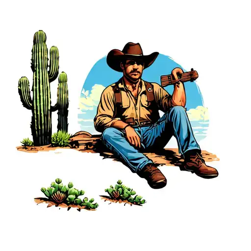 Western Cowboy Sitting Next To Cactus
