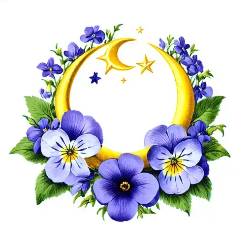 Circle Of Violets And Primroses With A North Star And Crescent Moon Inside