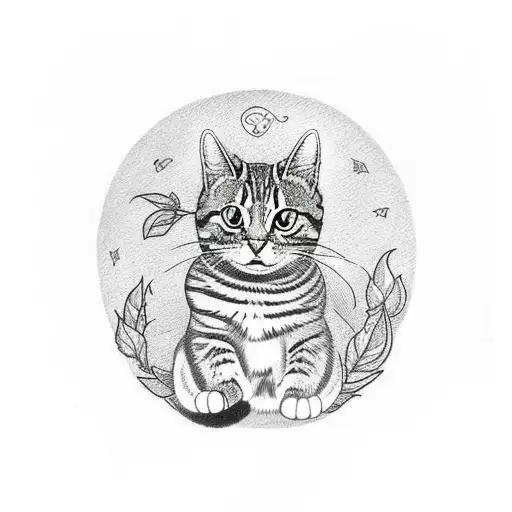 Line Drawing Of A Tabby Cat In An Ornate Frame With A Jasmine Leaf Wrapped Around It