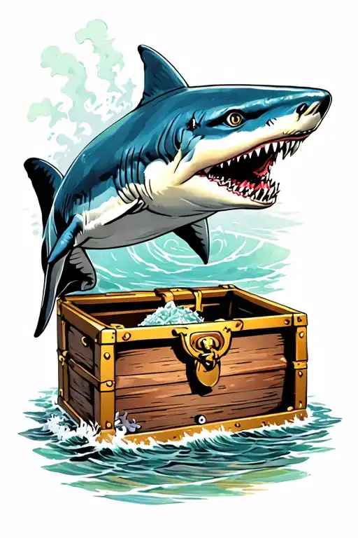 Shark Circling Open Treasure Chest