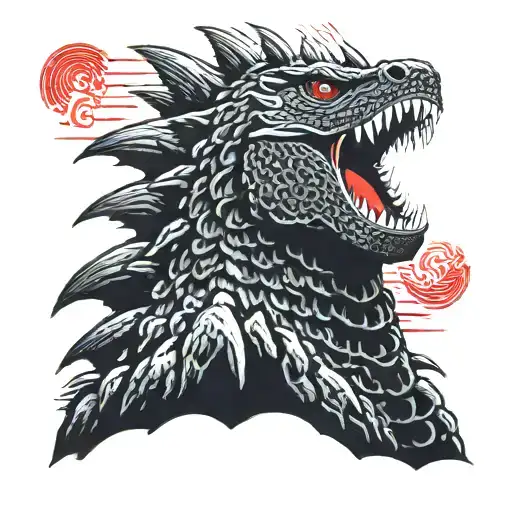 Solid Black Japanese Toho Godzilla Head With Red Starburst Background