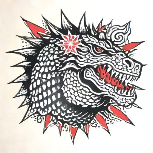 Solid Black Japanese Toho Godzilla Head With Red Starburst Background