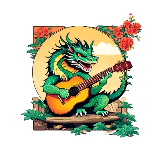 A Dragon Playing A Guitar In A Traditional Japanese Garden