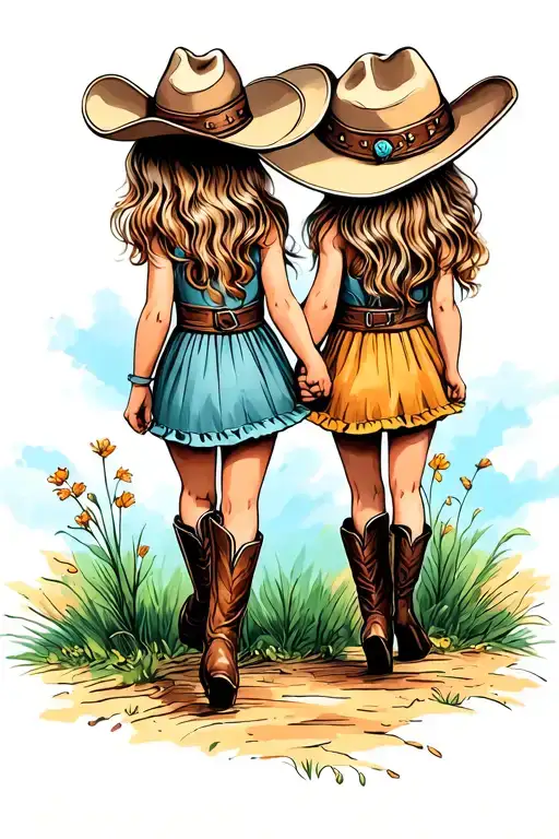 2 Little Girls In Oversized Cowboy Hats In Cowgirls Boots Walking Away Holding Hands