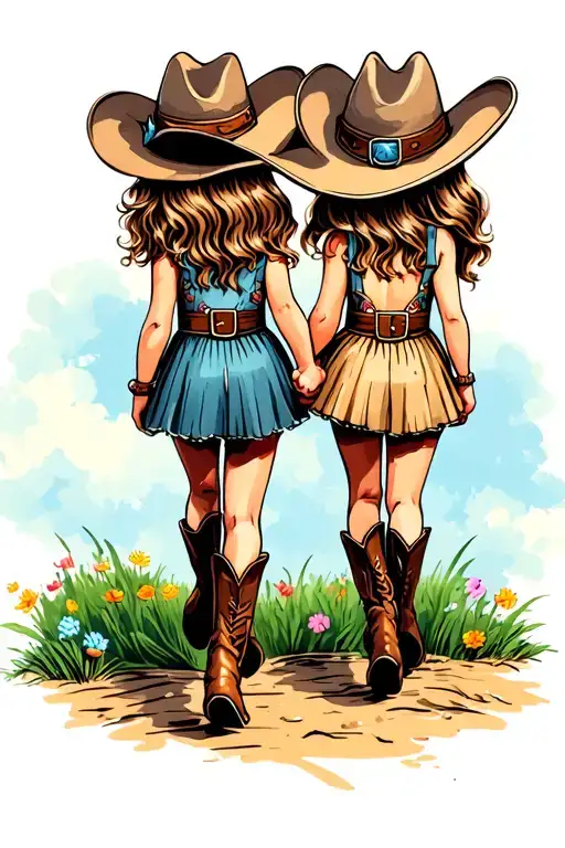 2 Little Girls In Oversized Cowboy Hats In Cowgirls Boots Walking Away Holding Hands
