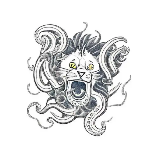 Cat Turning Into Lion On A Boat Being Chased By An Octopus