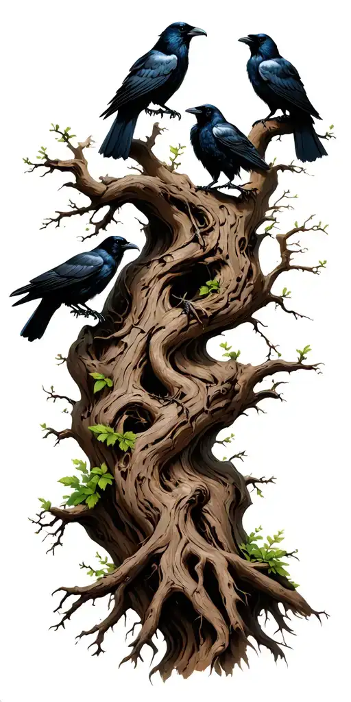 Gnarled Twisted Tree With Ravens Sitting In The Branches