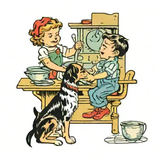 A Child And A Dog In A Kitchen