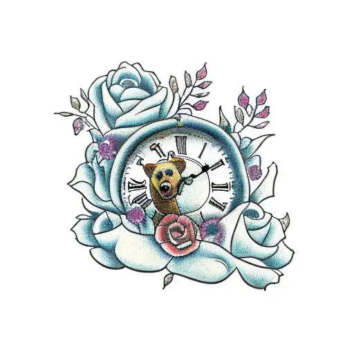 Bear With Clock And Flowers