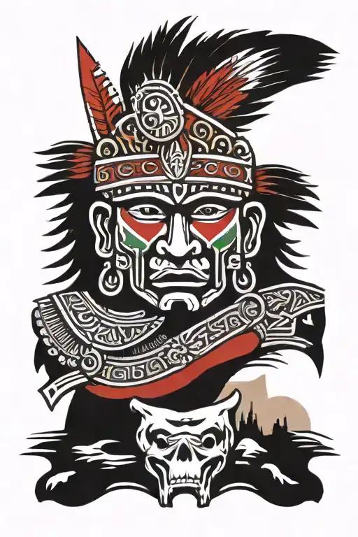 Mayan Warrior Split Face With Mexican Flag