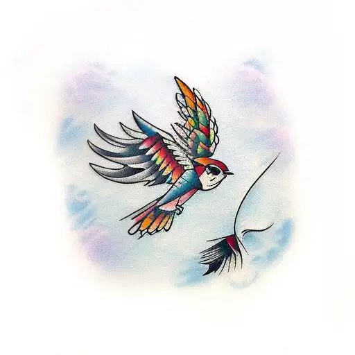 One Feather With Small Birds Flying Away From It