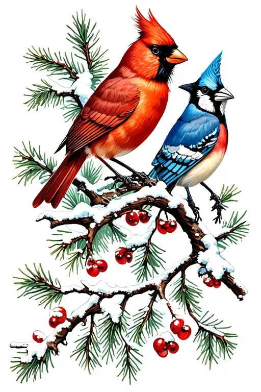 Cardinal Sitting Next A Blue Jay On A Snowy Branch