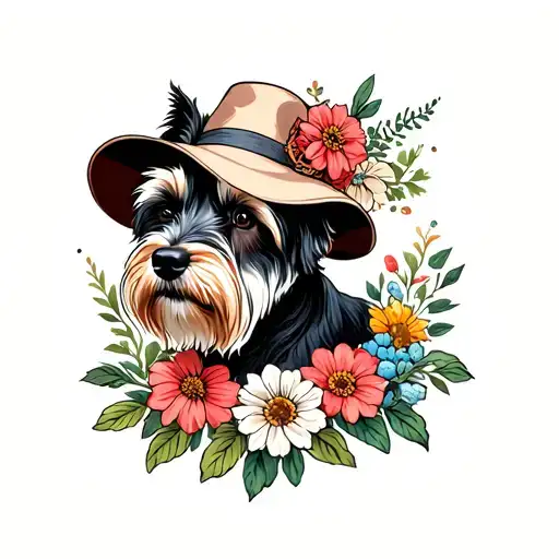 Large Dog Risen Shnauzer In A Ladies' Hat On His Head Framed By Flowers