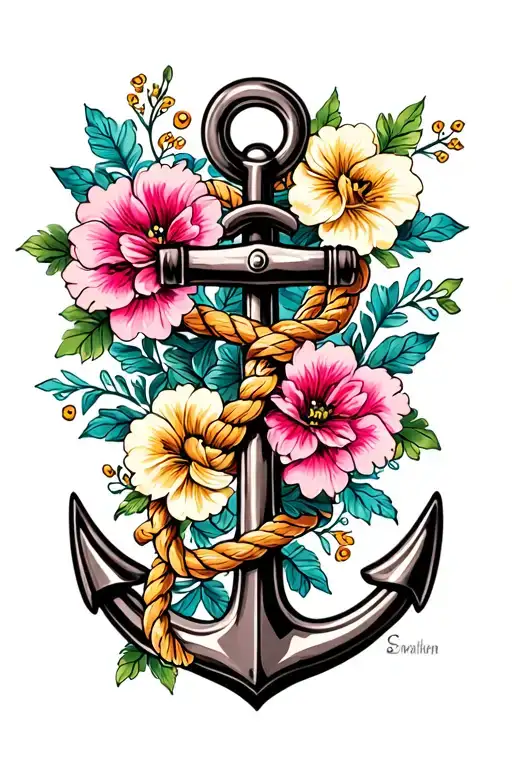 Anchor With Rope And Flowers
