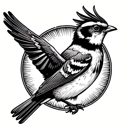 Sparrow Bird Flying With Sun In Background Black And White Traditional Style