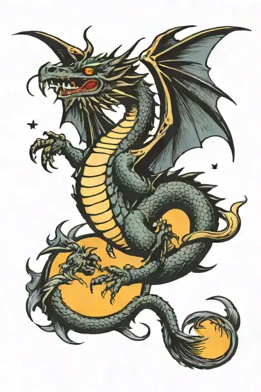 Dragon Flying Towards The Moon In The Background