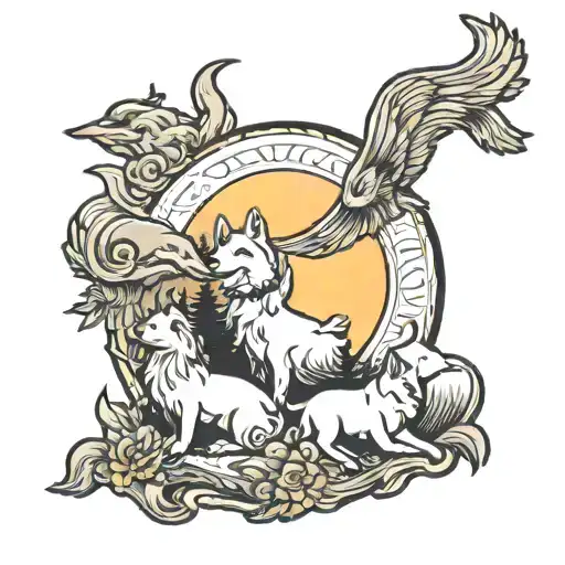 A Traditional Style Moon Tattoo With Your 3 Dogs Howling At It From A Computerized Landscape