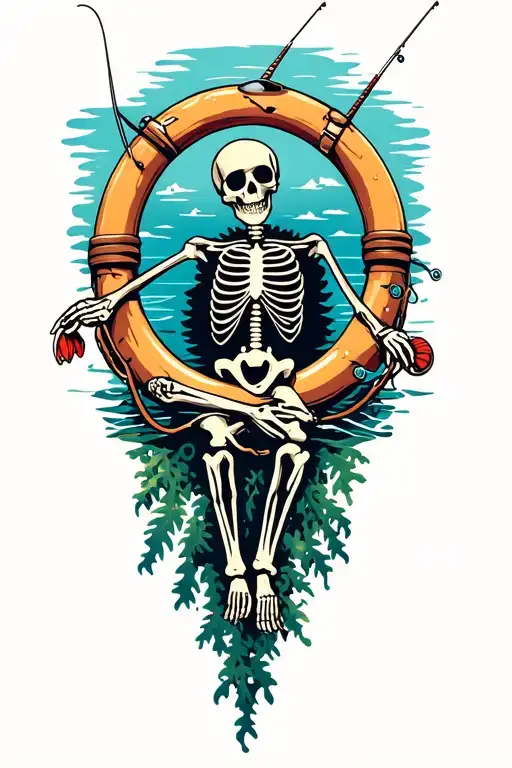 Fly Fishing Skeleton Sitting In A Life Ring