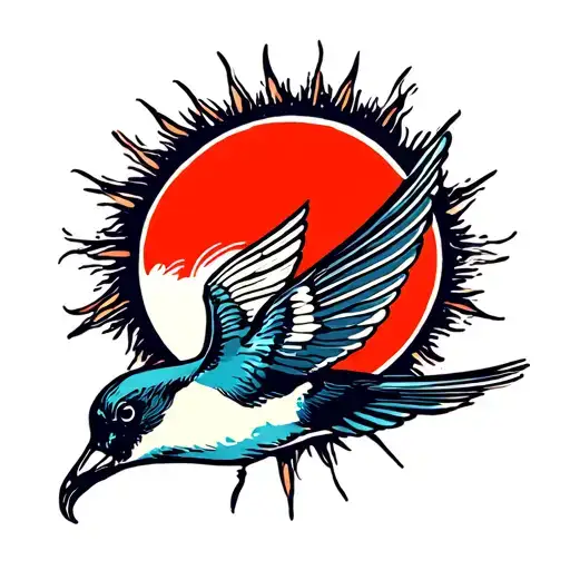 Swallow Flying Towards A Red Sun