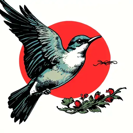 Swallow Flying Towards A Red Sun