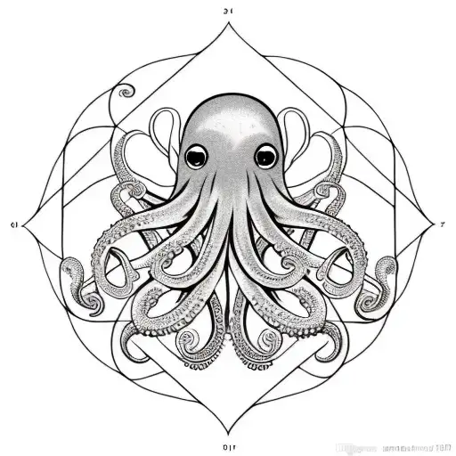 Octopus Hugging Flower Mandala With Sacred Geometry Behind