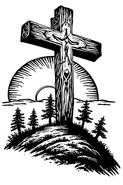 Cross On A Hill With Trees And Sunset In Background