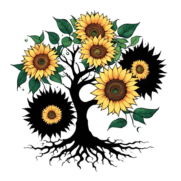 Tree Of Life With Sunflowers And Flowing Roots Reaching Deep