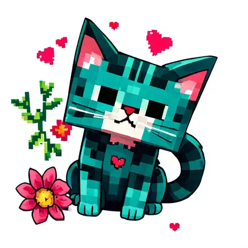 Minecraft Cat Sitting With Minecraft Hearts And Flowers