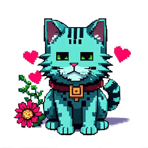 Minecraft Cat Sitting With Minecraft Hearts And Flowers