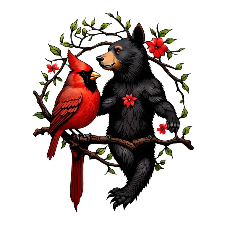 Celtic Bear With Cardinal In Tree Tattoo Design