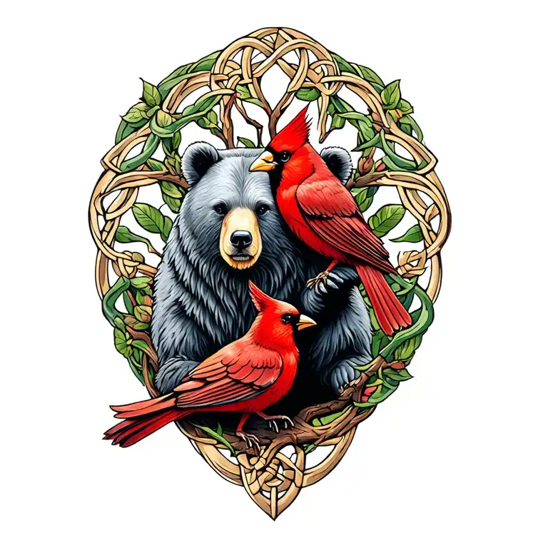 Celtic Bear With Cardinal In Tree Tattoo Design