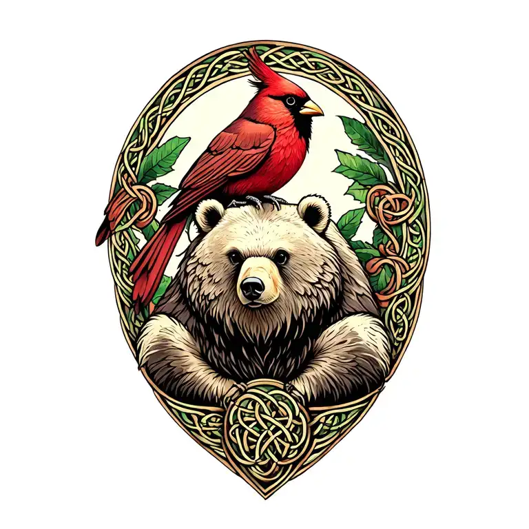 Celtic Bear With Cardinal Sitting On Shoulder