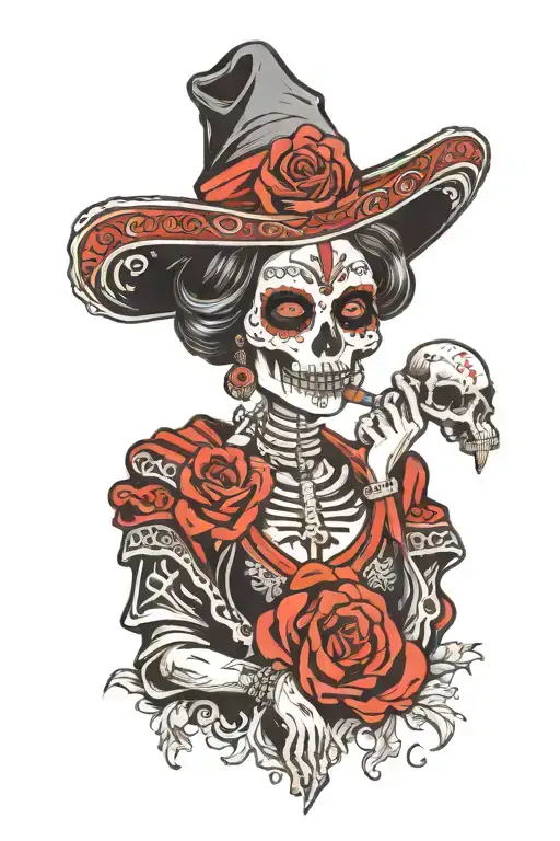 Mexican Catrina With Robe And Scull Red And Black