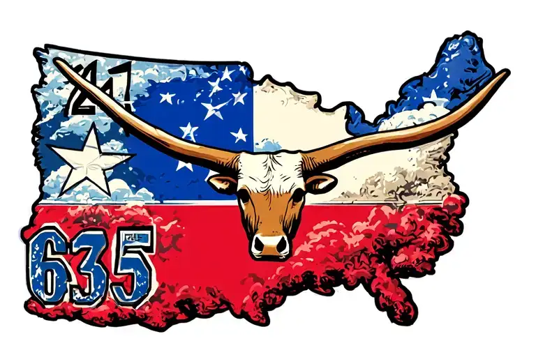 Texas Flag With A Longhorn And The Numbers 214 And Hightway 635 With A Cloud Background With Stars