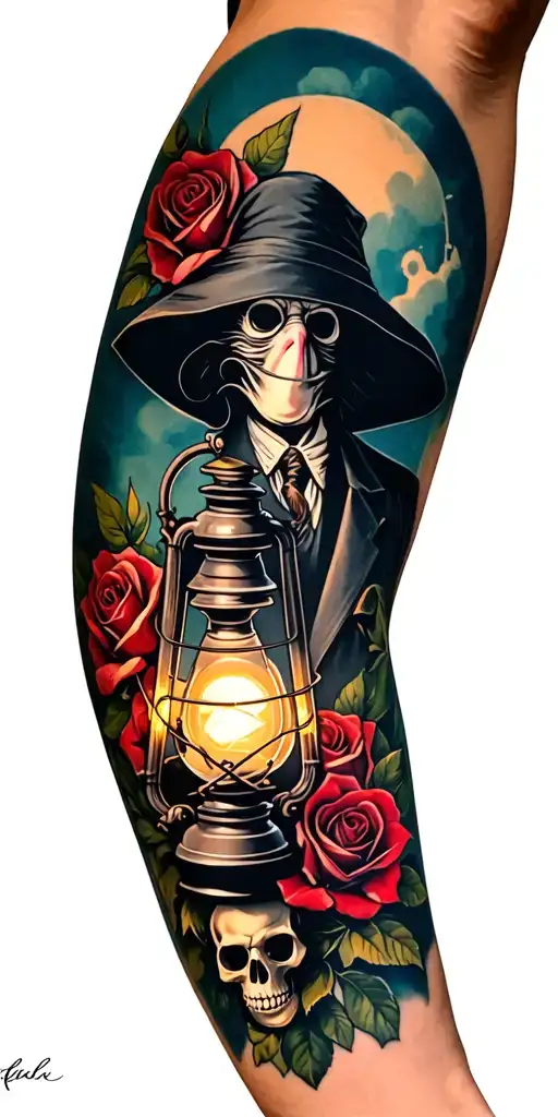 A Plague Doctor Themed Sleeve That Uses A Lantern And Rat Skulls With Roses