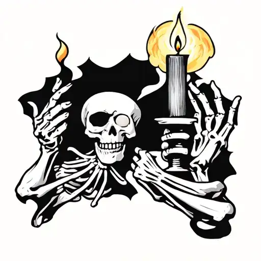 Skeleton Holding Candle Burning