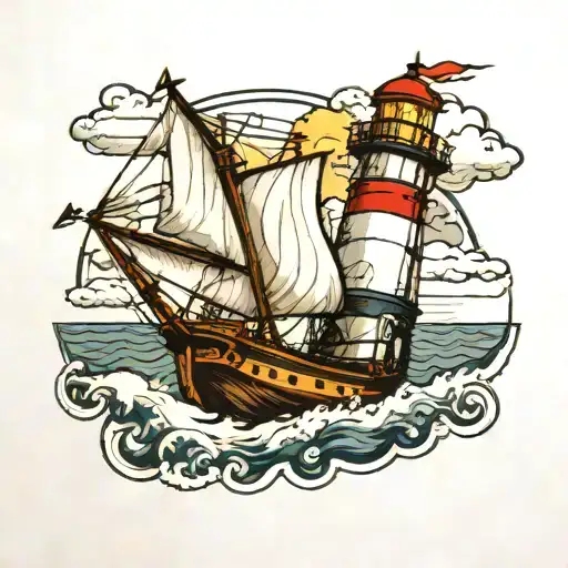 Ship At Sea With Lighthouse In Background Looking Through Lens
