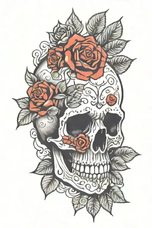 Drawn Skull With Roses