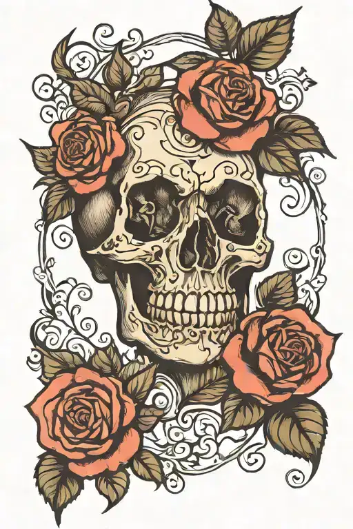 Drawn Skull With Roses