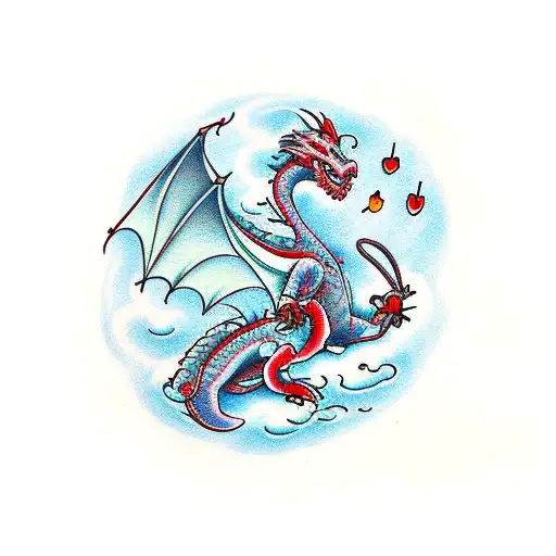 Dragon With Cherry Blossom And Katana