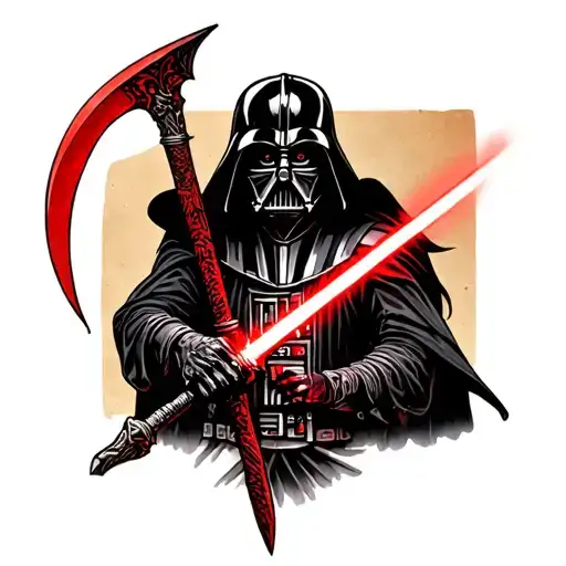 Full Body Grim Reaper With A Head Like Darth Vader And A Red Lightsabre Scythe