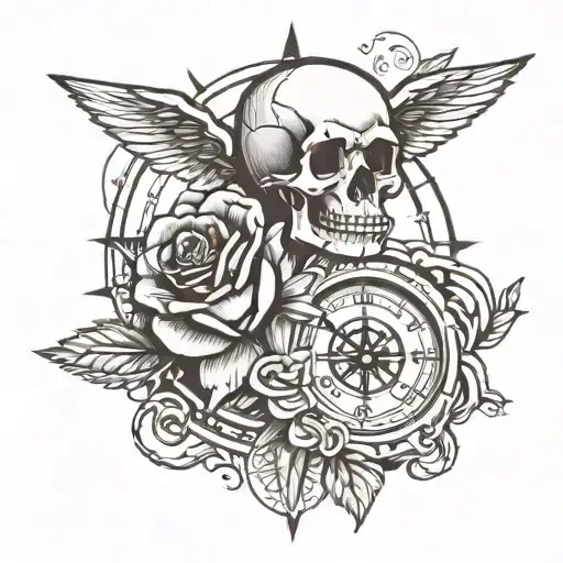 Rose With Compass And Skull With Clock