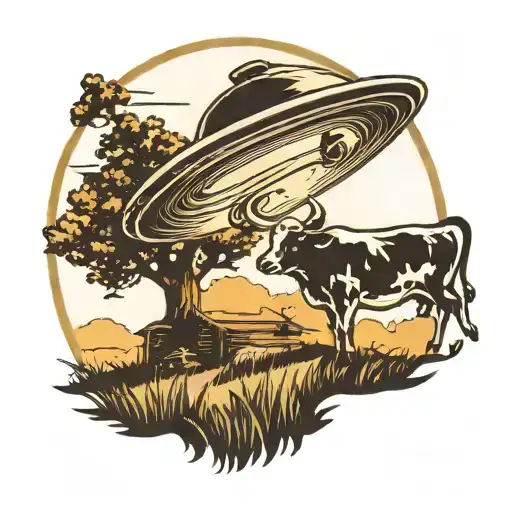 An Alien Abduction Scene With A Ufo Beaming Up A Cow In A Field At Night