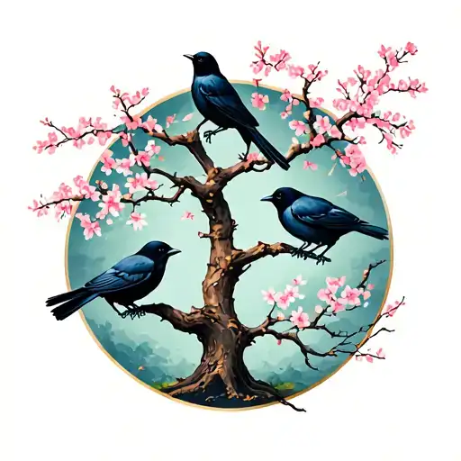 Sakura Tree With Crows