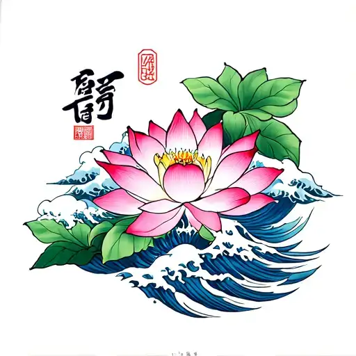 Lotus Flower And Japense Word Halfsleeve Waves Clouds