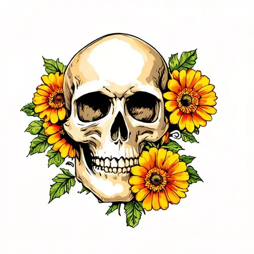 Skull With Marigold Flowers