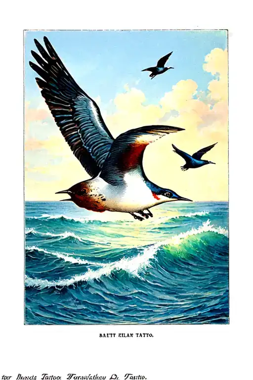 Bright Blue Ocean With Two Swallows Flying Low In The Distance