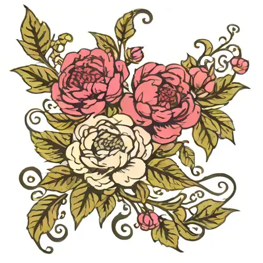 Symmetrical Folk Art Vine Featuring Peonies