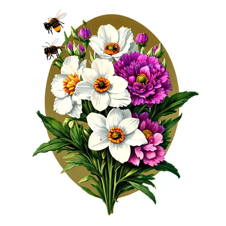 Purple Carnation White Daffodil Pink Cosmos Flowers With Bees