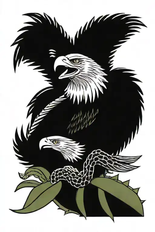 Eagle On A Cactus With Snake In Its Mouth Open